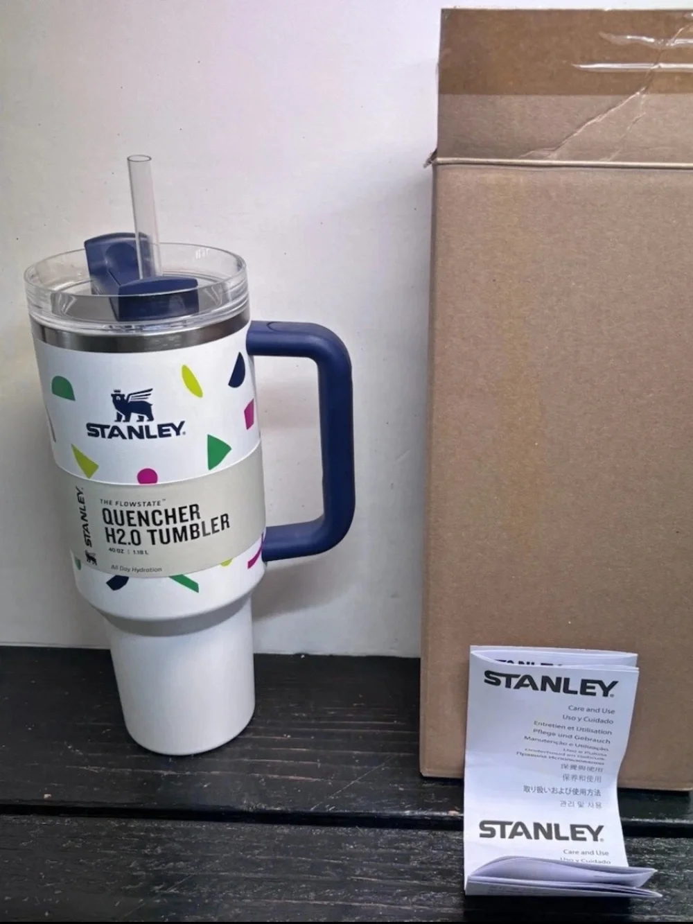 Stanley White Tumbler with Navy Handle and Colorful Confetti Accents